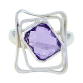 Freya Purple Solitaire Ring with Geometric Silver Design Amethyst Purple